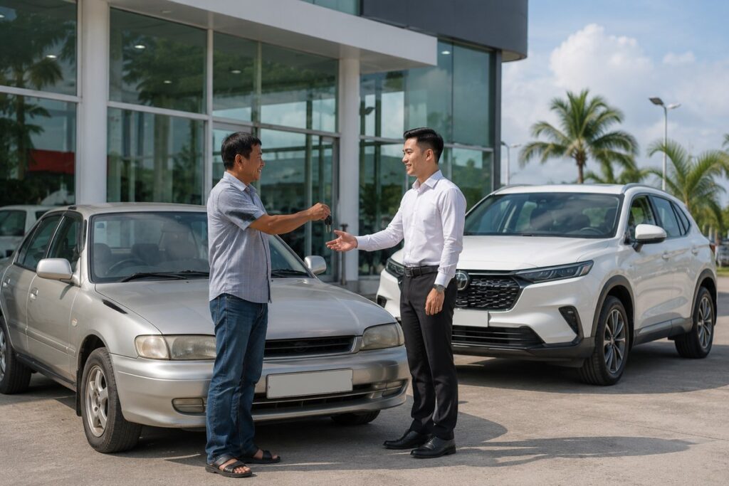 Khách giao xe cũ nhận xe mới khi thu cũ đổi mới ô tô ở Long Xuyên