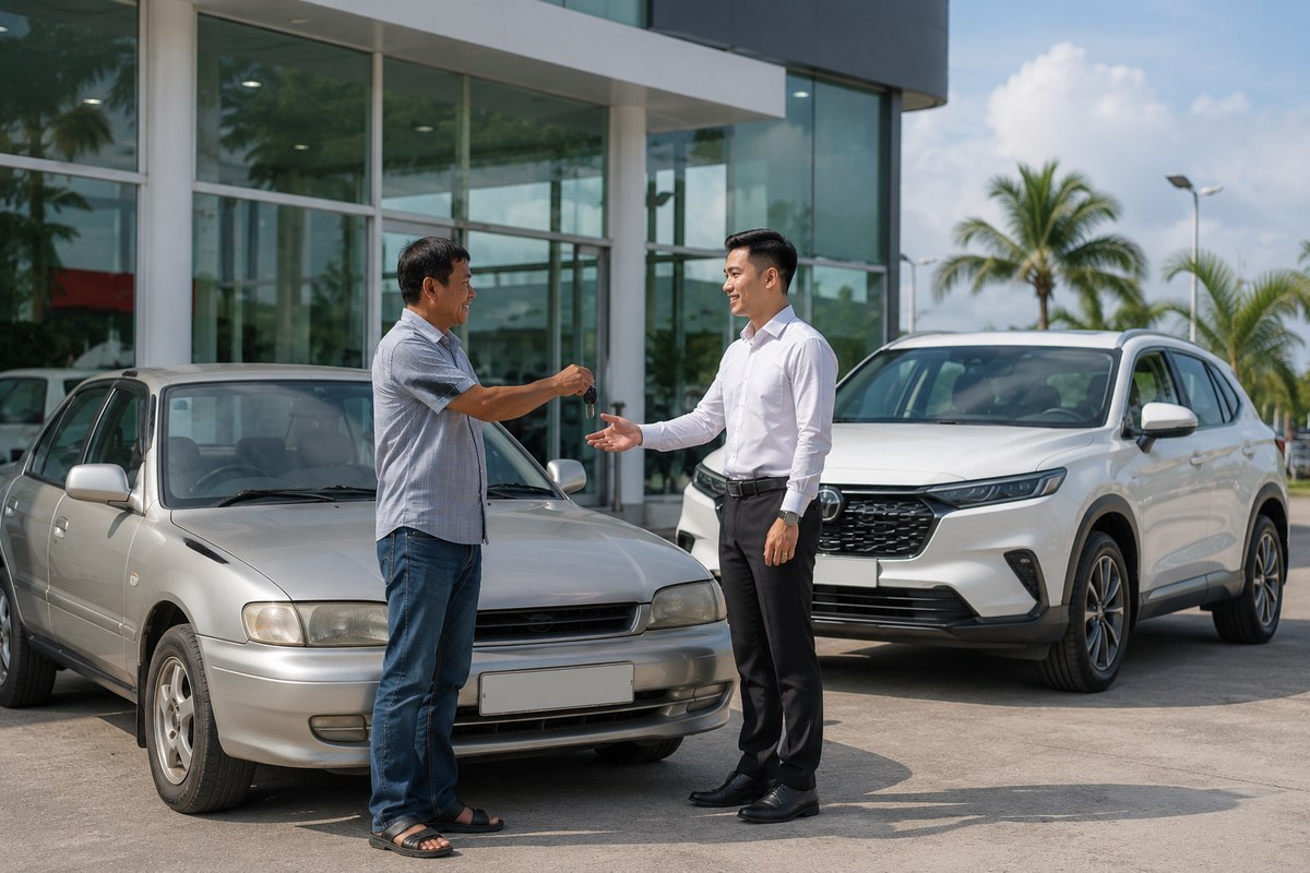 Khách giao xe cũ nhận xe mới khi thu cũ đổi mới ô tô ở Long Xuyên