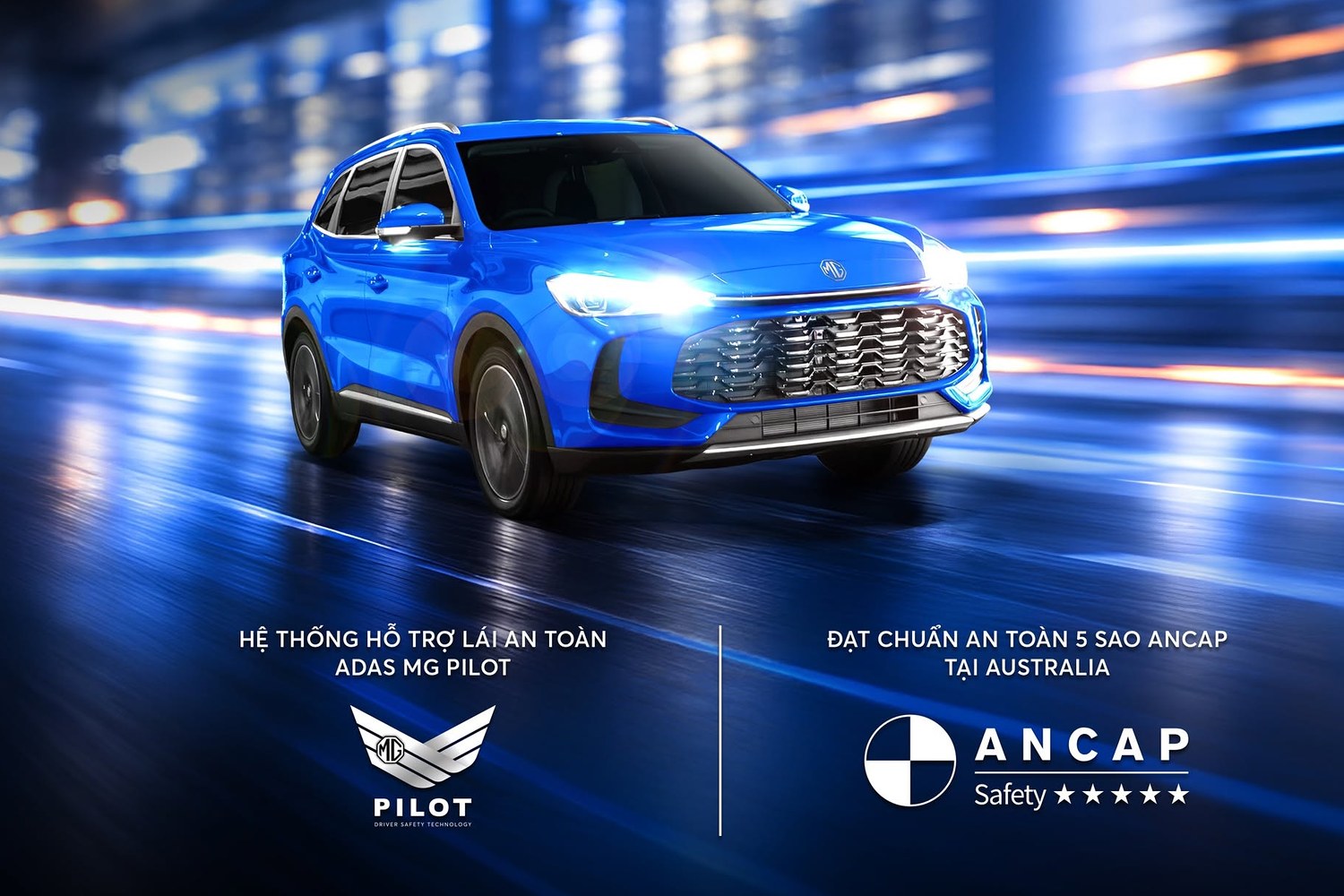 All-New ZS màu xanh dương chạy trên đường phố, poster giới thiệu hệ thống hỗ trợ lái ADAS MG Pilot và chuẩn an toàn 5 sao ANCAP