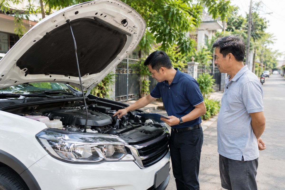 Chuyên viên kiểm tra khoang máy xe ô tô cũ ngay tại nhà chủ xe