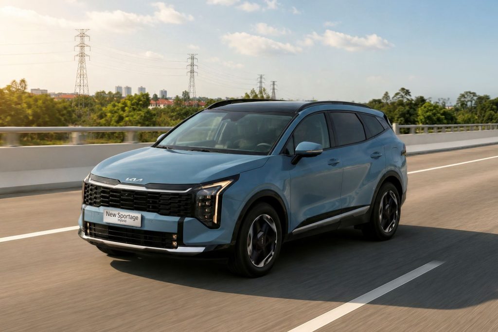 New Sportage Hybrid màu xanh dương chạy trên đường cao tốc ngoại ô