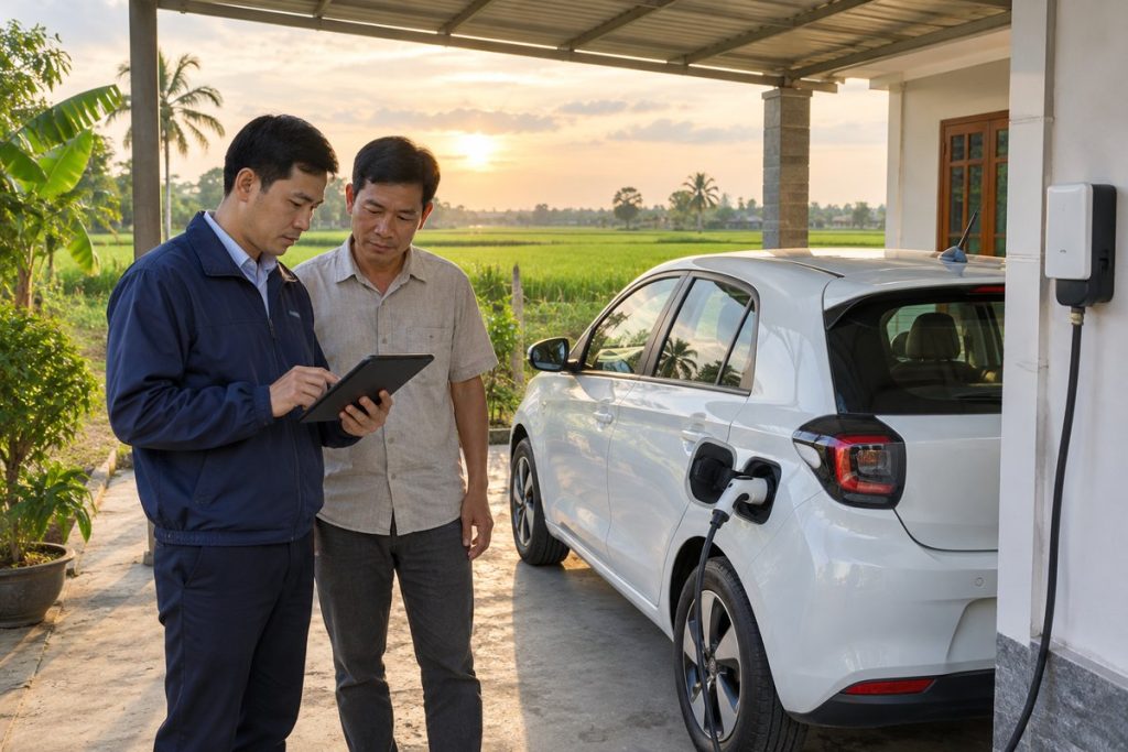 Chuyên viên đọc thông tin pin trên máy tính bảng bên chiếc xe điện đang sạc tại nhà ở An Giang