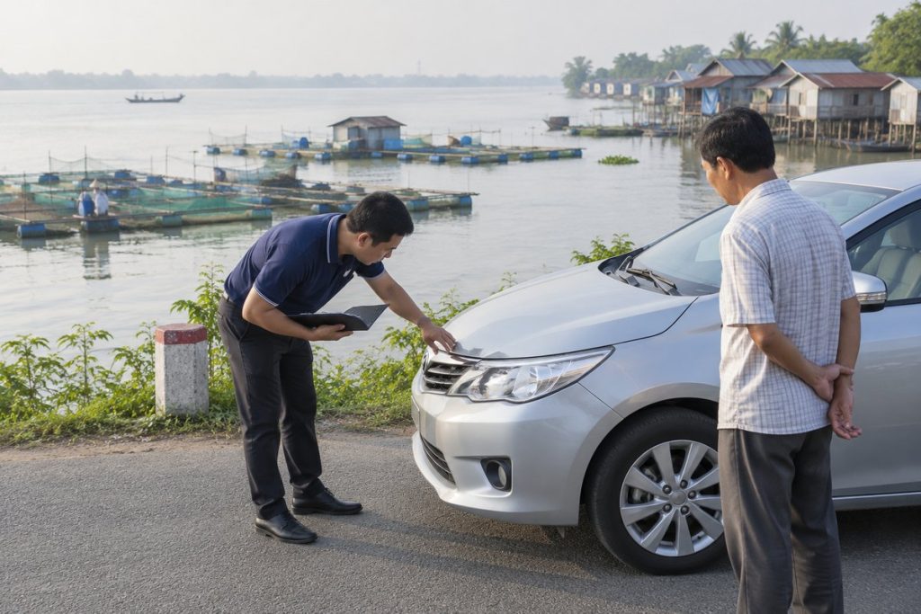 Chuyên viên kiểm tra chiếc sedan bạc bên bờ sông Tiền có bè nuôi cá và nhà sàn ở Tân Châu