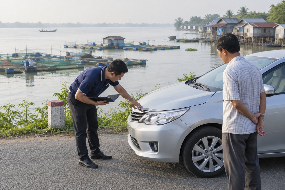 Chuyên viên kiểm tra chiếc sedan bạc bên bờ sông Tiền có bè nuôi cá và nhà sàn ở Tân Châu