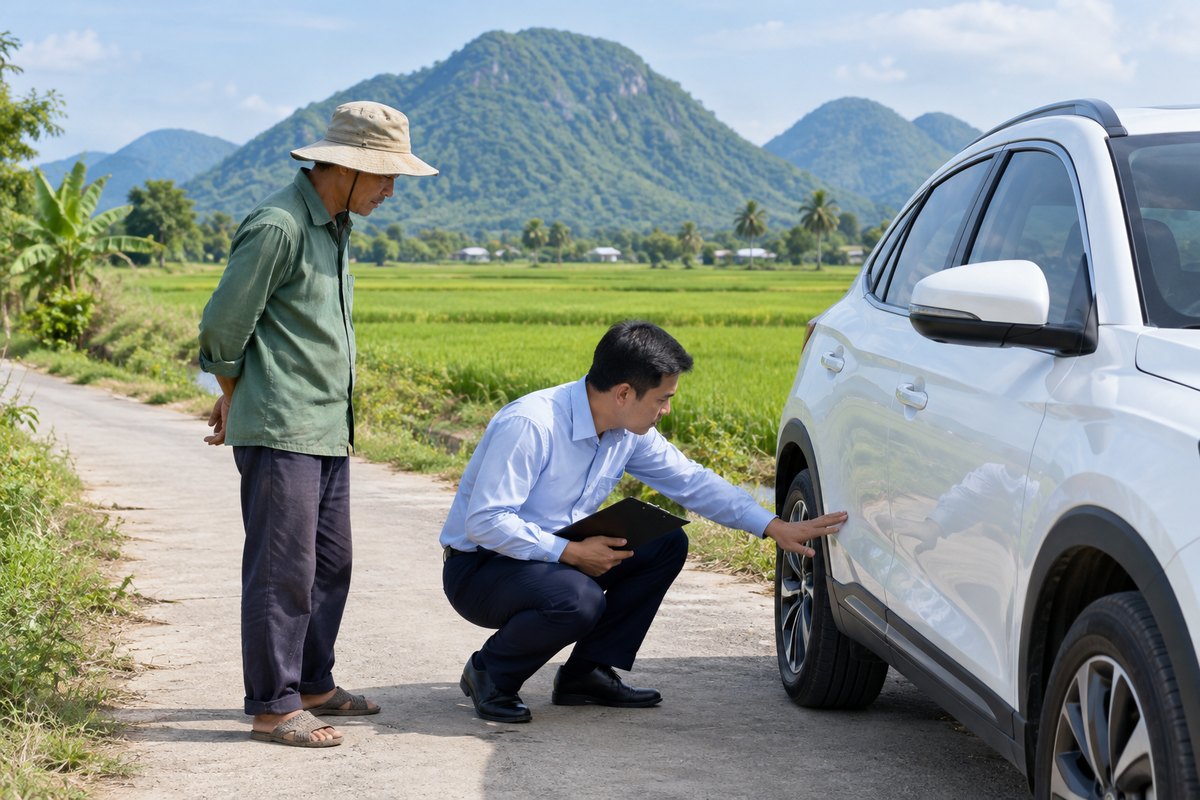 Chuyên viên kiểm tra thân chiếc SUV trắng bên đường làng có núi Bảy Núi và ruộng lúa ở Tri Tôn